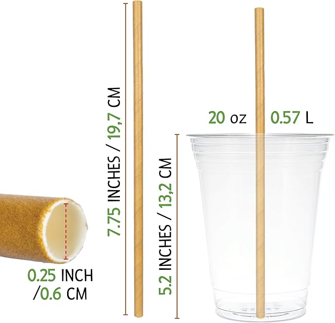 Friendly Straw 300 Pack Biodegradable Kraft Paper Straws, 7.75" x .25" Drinking Paper Straw - Brown Paper Straws Bulk Pack for Home and Restaurant