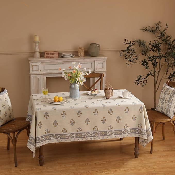 patdrea Vintage French Linen Tablecloth,Rectangular,79"x55"-Istana A | Heavyweight Elegant Table Cloth for Rectangle Table,Natural Floral Block Print,for Dining Room Tea Party Thanksgiving
