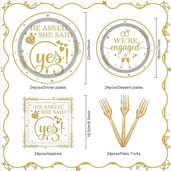 Happy Engagement Party Tableware Set 96 Pcs Engagement Disposable Plates Napkins Forks She Said Yes Wedding Bridal Shower Decorations Serve 24 Guests