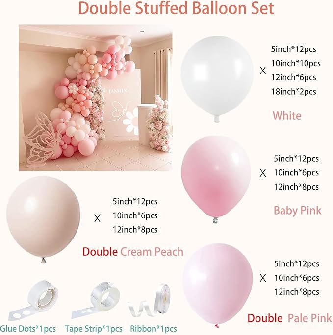 Pink Balloons Garland Arch Kit - Double Stuffed Matte Light Pink and White Cream Peach Latex Balloon Different Sizes 18 12 10 5In Boho Ballon for Baby Shower Party Decorations