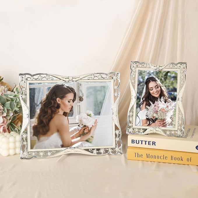 8x10 Vintage Metal White Picture Frame Pearl Antique Ornate Gold Photo Frame Wedding Decoration, Clear Glass Front, Unique Tabletop or Wall Display, Gifts for Mom Women, Horizontally & Vertically
