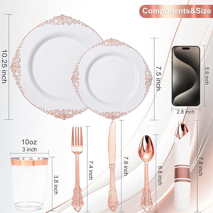 Nervure 700PCS Rose Gold Plastic Plates - Rose Gold Plastic Dinnerware Sets for 100 Guests - 200 White Disposable Plates, 300 Silverware, 100 Cups, 100 Napkins for Wedding & Party & Mothers Day