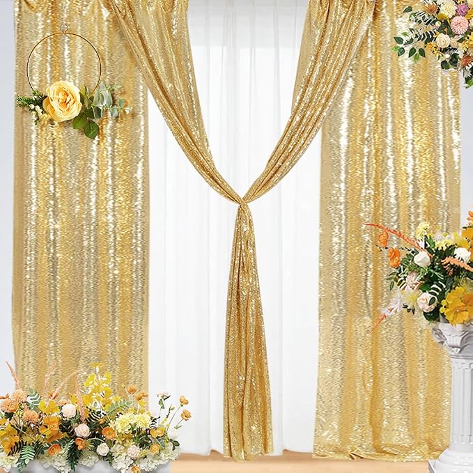 Eternal Beauty Sequin Backdrop Curtains, 2x8 Ft-2 Panels Gold Back Drop for Mother's Day Shimmer Photography Party Wedding Birthday Decor