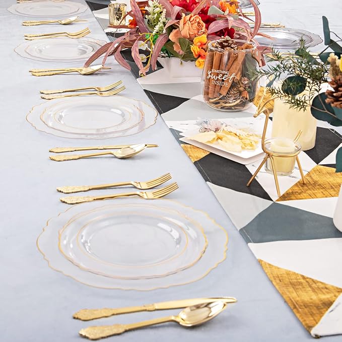 YOUBET 125PCS Gold Plastic Plates - Clear Gold Disposable Plates - 25 Guests Baroque Plastic Dinnerware Includes 25Dinner Plates, 25Dessert Plate, 75Silverware for Party & Wedding