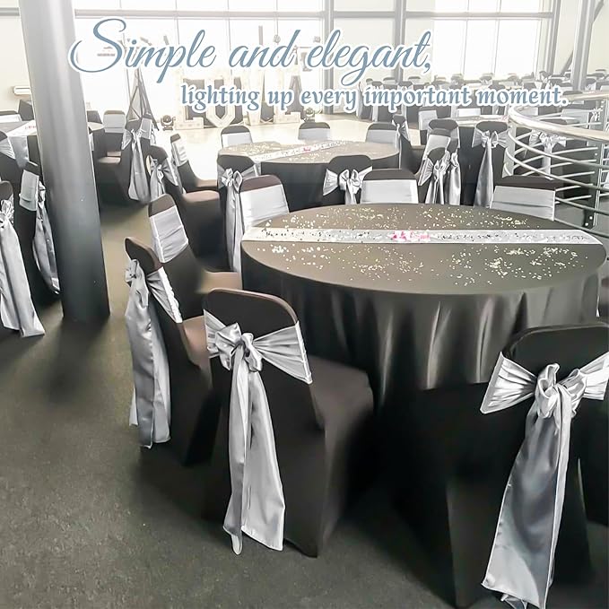 60 PCS Silver Satin Chair Sashes, Ties Bows Designed Sashes for Washable Reusable Chair Covers Supplies for Wedding Reception Events Banquets Party Hotel Event Aisle Decorations (7 x 108 inch)