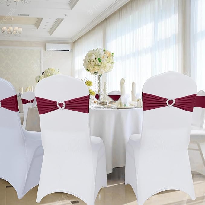 Howhic Pack of 60 Spandex Chair Sashes Bows Stretch Cover Band with Buckle Slider Universal Elastic Chair Ties for Wedding Banquet Party Event Decoration (Burgundy)