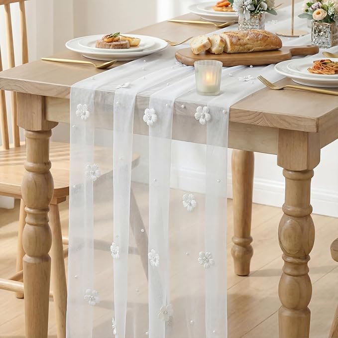 Artoid Mode Flower Pearl White Gauze Table Runner 10FT, Seasonal Sheer Dining Holiday Wedding Birthday Baby Shower Table Decor for Home Party