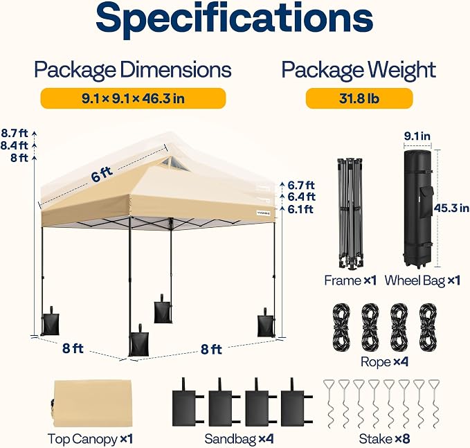 VIVOHOME 8x8ft Pop Up Canopy Tent One Push Setup Outdoor Portable Shelter Tent Heavy Duty with Wheel Carry Bag and 4 Sandbags, Beige