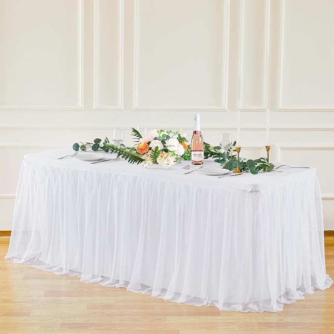 2 Pack White Tulle Tablecloths for 8 Foot Rectangular Tables, 8ft White Tulle Table Skirt, Wrinkle Free Table Cover with Tutu Skirt for Wedding Bridal Shower Birthday Party Banquet Buffet Cake Event