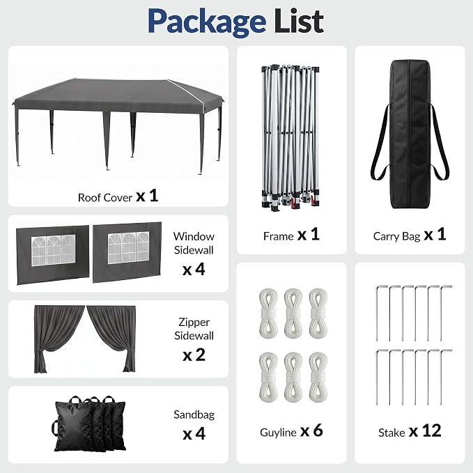 10x20 Pop Up Canopy with Sidewalls, Instant Tent with Carry Bag, Sandbags, Height Adjustable Waterproof Outdoor Canopy, Outdoor Canopy for Events, Camping, Parties (with Reflective Strips)
