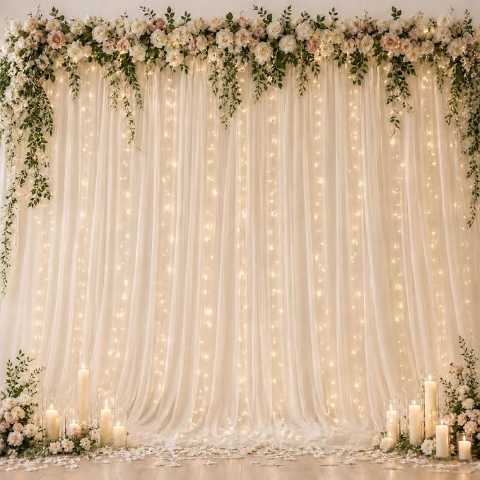 Ledido 10×8ft Beige Tulle Backdrop Curtains with Lights String - 300LED Fairy Lights Sheer Curtain Backdrop for Wedding Baby Shower Photo Shoot Birthday Party Decoration(2 Panels 5×8ft)，Beige