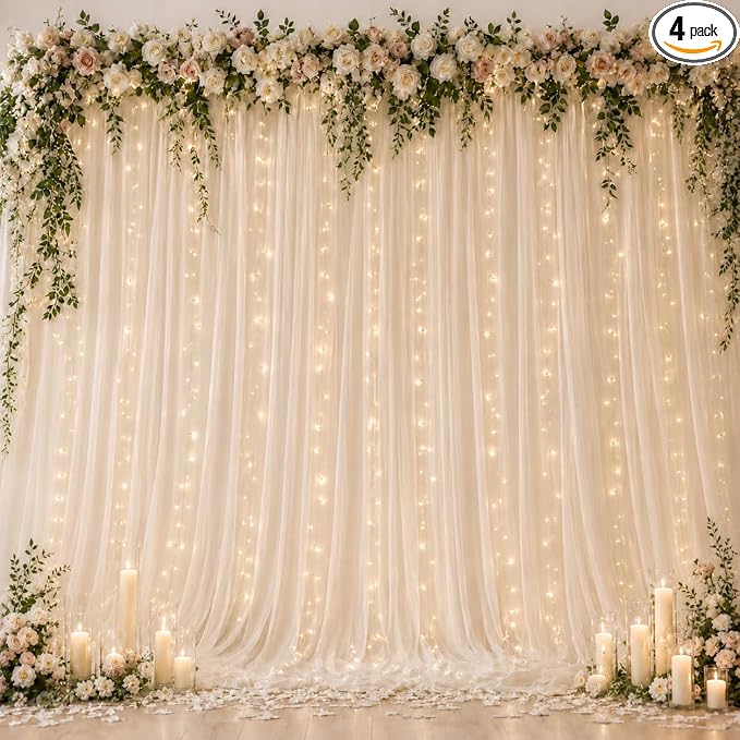 Ledido 2 Pack 10×8ft Beige Tulle Backdrop Curtains with Lights String - 600LED Fairy Lights Sheer Curtain Backdrop for Wedding Baby Shower Photo Shoot Birthday Party Decoration(4 Panels 5×8ft)，Beige