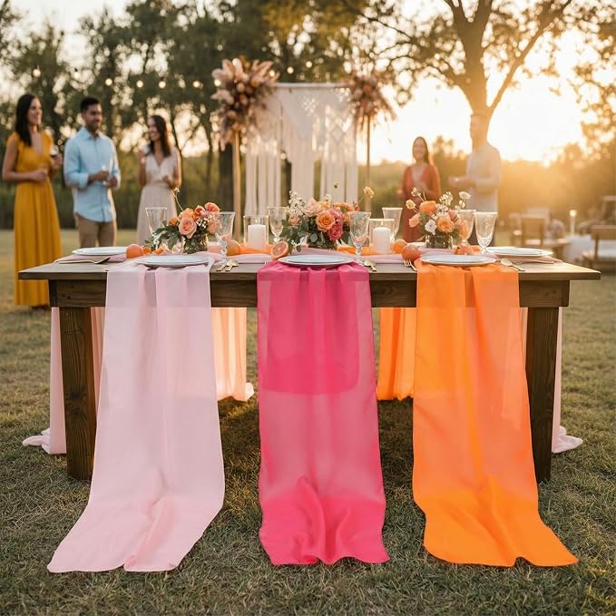 Boao 6 Pcs Red Pink Orange Party Decorations Table Runner Cloth 10Ft Boho Sheer Rustic Fabric Sunset Soiree Party Decorations for Wedding Birthday Baby Bridal Shower Graduation Dawn Sunset Decor