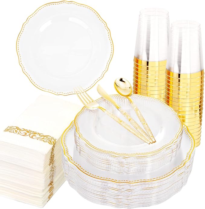 Hioasis 175pcs Clear Gold Plastic Plates&Gold Plastic Silverware with Gold Glitter Handle&Clear Cups&Napkins Served for 25 Guests-Clear and Gold Dinnerware for Weddings&Thanksgiving,Holiday Events