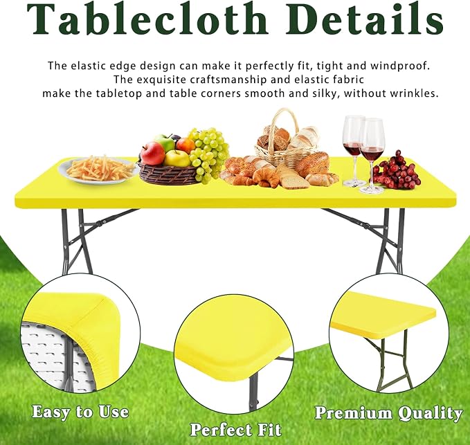 6 Pack Picnic Table Cover Fitted Tablecloths 6 Foot Rectangle Tables Elastic Waterproof Stretch Washable Patio Folding Outdoor Spandex Table Cloth for Camping Banquet and Parties (Yellow,30" x 72")