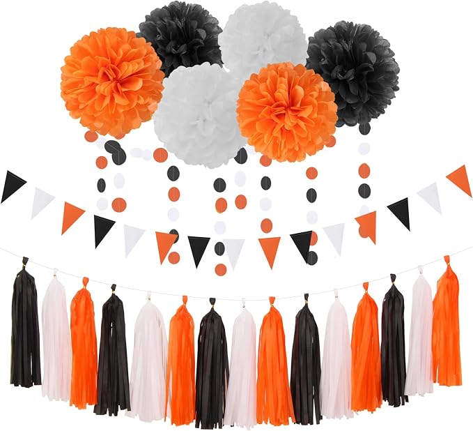 Black White Orange Halloween Party-Decorations - 23pcs Tissue Pom Poms Streamers,Tassel Garland Banner,Graduation 2026 Birthday Wedding Baby Bridal Shower Decor Bunting Lasting Surprise