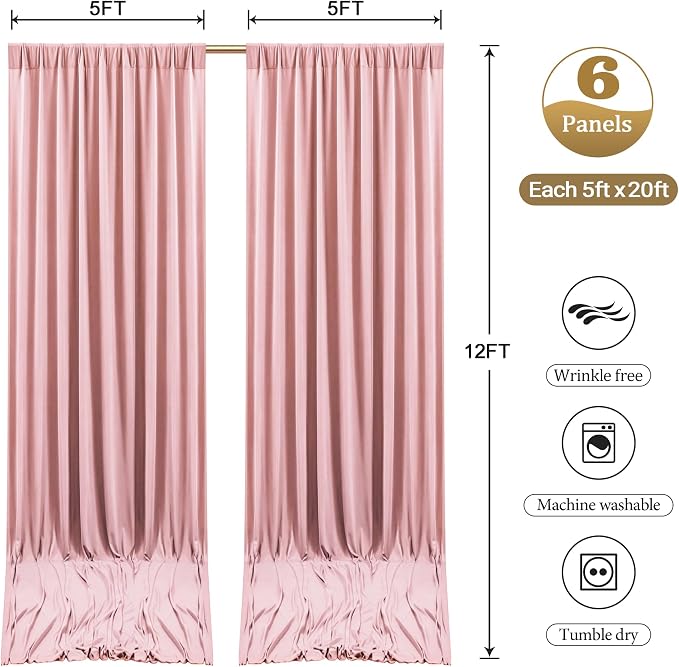 10ftx12ft Wrinkle Free Dusty Rose Backdrop Curtain, 6 Panels 12FT Long Wedding Photo Backdrop Drapes, Silky Polyester Back Drop Cloth for Birthday Photography Background Party Backdrop Draping