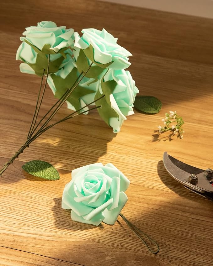 DuHouse 25Pcs Artificial Roses Flowers Fake Roses with Stems Real Touch Foam Flowers for DIY Wedding Bouquet Centerpiece Floral Arrangement Party Home Decor(Mint Green)
