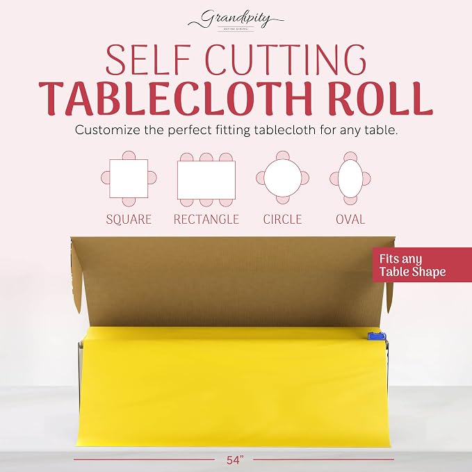 Grandipity Plastic Tablecloth Roll - 54in x 100 Ft. Yellow Plastic Table Cloths for Parties Disposable with Cutter Box - Cut to Size Disposable Tablecloth Table Cover for Rectangle & Round