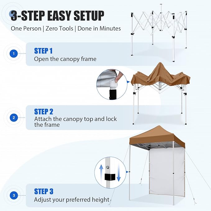 EAGLE PEAK Pop up Canopy 5x5, Outdoor Portable Canopy Tent with One Removable Sunwall, Carry Bag Included, Khaki