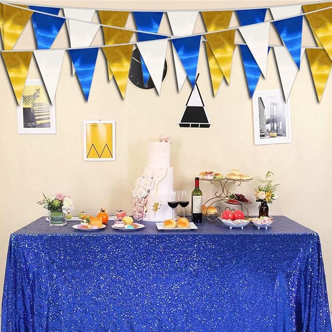 130FT Navy-Blue White Gold Triangle Pennant Banner Flag Metallic Fabric Bunting Garland for Christmas Graduation Retirement Birthday Wedding Bridal Shower Nautical Ahoy Achor Party Decorations Supply