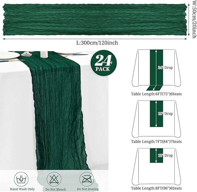 24 Pack Forest Green Cheesecloth Table Runner ,10FT Cheese Cloth Table Runner for Wedding Decor, 20x120inch Rustic Boho Gauze Table Runners for Christmas Wedding Party Bridal Shower