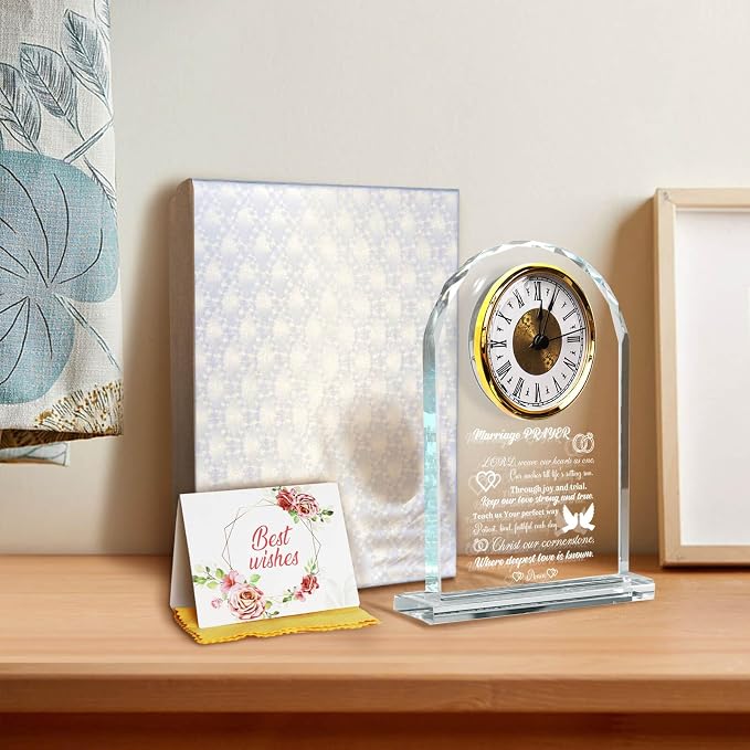 Wedding Gifts for Couples 2026 - Elegant Crystal Clock with Inspiring Quote, Marriage Prayer Keepsake for Anniversary - Unique Gifts for Bride and Groom, Newlywed Mr and Mrs