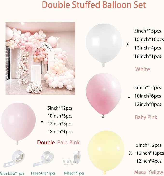 Light Pink and White Balloons Garland Arch Kit - Double Stuffed Matte Pastel Pink Yellow Latex Balloon Arch Different Sizes 18 12 10 5In Boho Ballon for Baby Shower Birthday Party Decorations