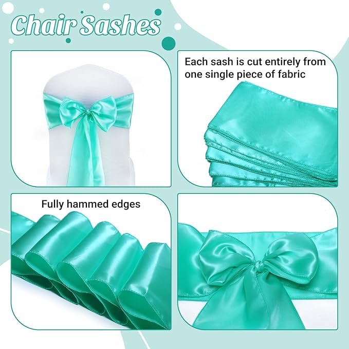 MDS Satin Chair Sashes, 50 Pack, 7”x108” Each, Decorative Chair Bows Ribbon Tie Backs for Wedding Party, Holiday Dinner, Birthday, Reception, Banquet, Hotel & Event Decoration - Sea Green