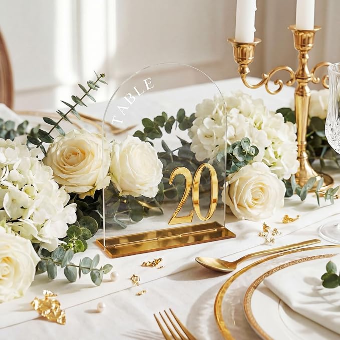 AceOrbit Clear Wedding Table Numbers 1-20 with Stands 5" x 7" Clear Acrylic Wedding Signs with Holder Modern Arch Numbered Signage Tabletop Reception Sign for Anniversary, Banquet, Event Decor