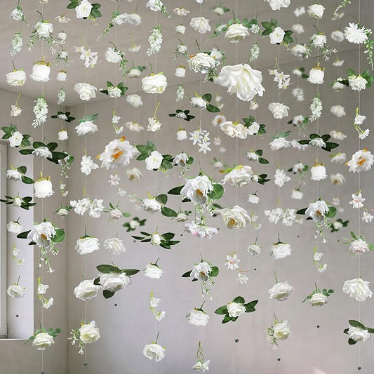 Suncalla 6 Pcs 35.46 ft Flower Garlands Backdrop Spring Artificial Wildflower Vines Floral Decorations for Party Fake Flower Vines Faux Silk Wildflower for Easter Wedding Garden Wall Arch (White)