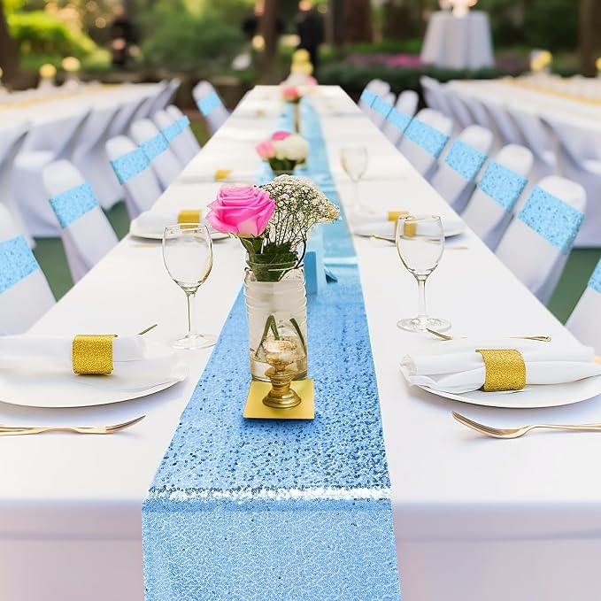 Newwiee 54 Pcs Sky Blue Sequin Chair Sashes and Table Runners, 48 Sequin Chair Bows, 6 Glitter Table Runners for Birthday Party Wedding Banquet Holiday Decorations