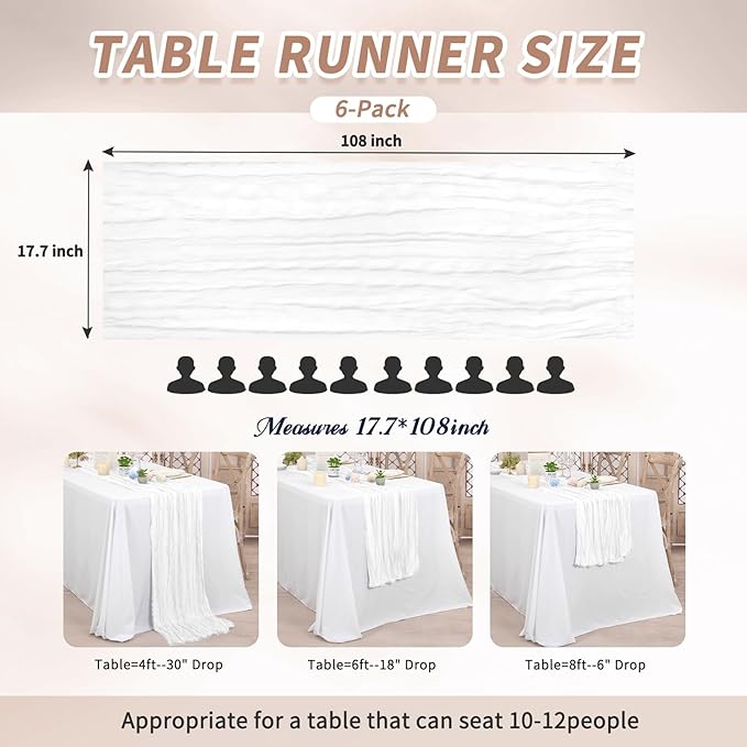 6 Pack Cheesecloth Table Runner,White Table Runner Long Romantic Semi Sheer Rustic Boho Gauze Table Runners for Wedding Bridal Shower Birthday Party Decorations(17.7×108 Inch)
