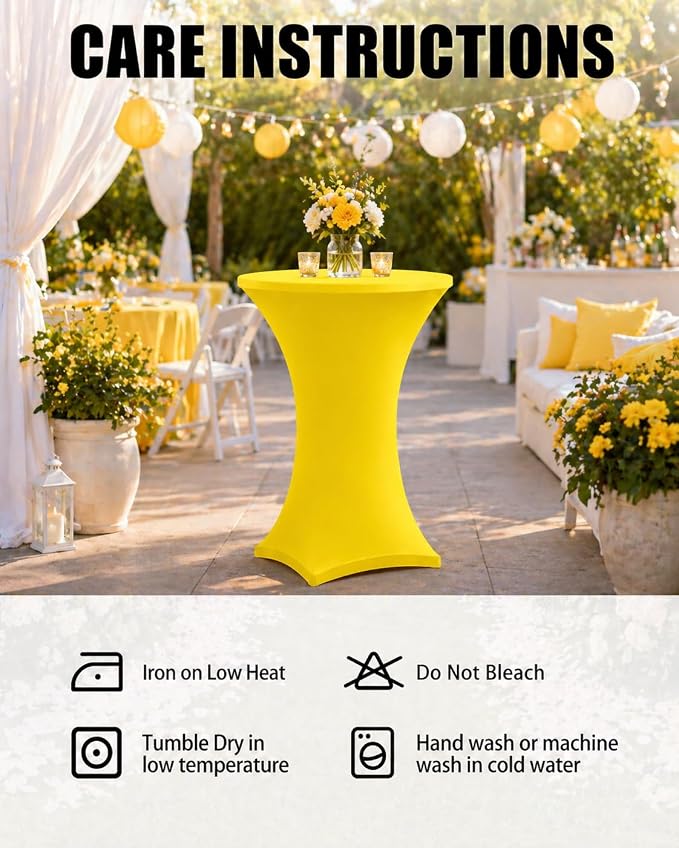 Cocktail Table Covers - 2 Pack 32x43 Inch Table Cloth - Yellow Fitted Stretch Spandex Round High Top Tablecloth for Party, Bar, Birthday, Pub, Banquet