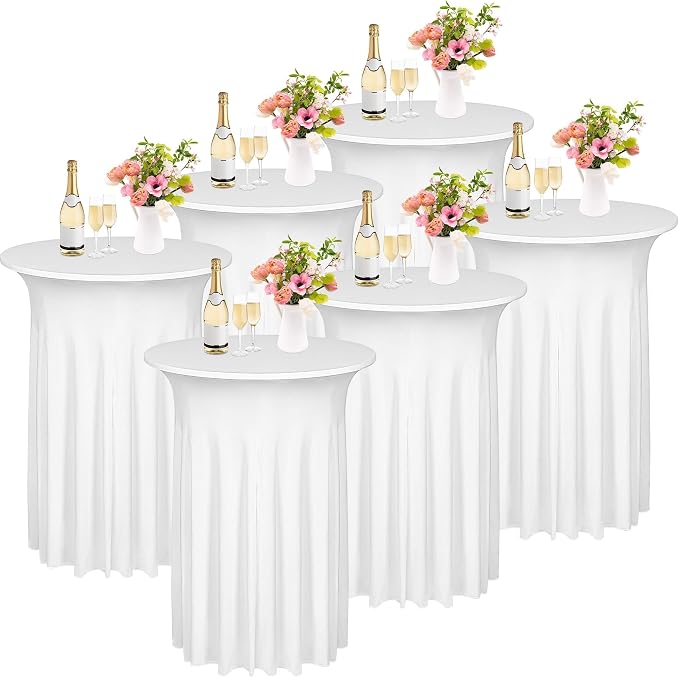 Kochorie 6 Pieces Cocktail Table Skirt Round Cocktail Table Covers 32 x 43 Inch Spandex Stretch High Top Table Cloth for Wedding Table Bar Banquet Party Supplies (White)