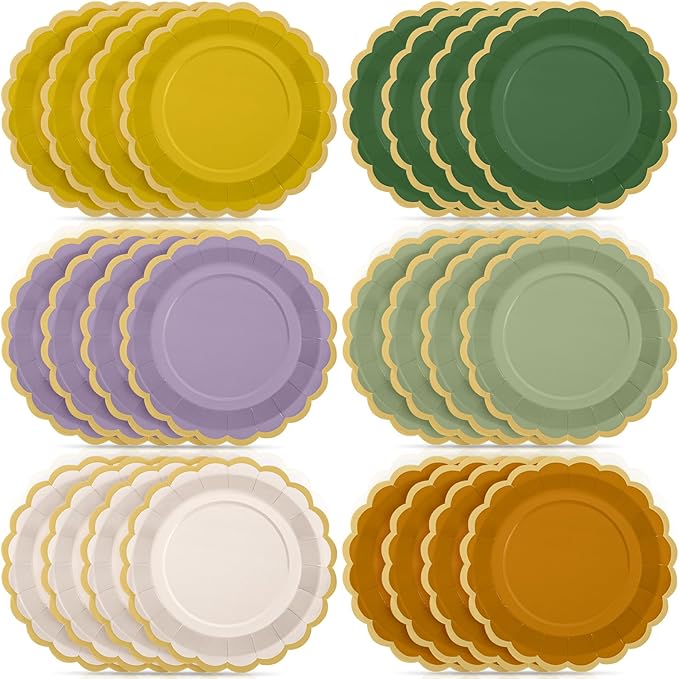 48 Pcs Nature Wedding Paper Plates 9 Inch Sage Green Purple Scalloped Paper Disposable Dinner Dessert Plates for Birthday Wedding Bridal Party Supplies, 6 Colors
