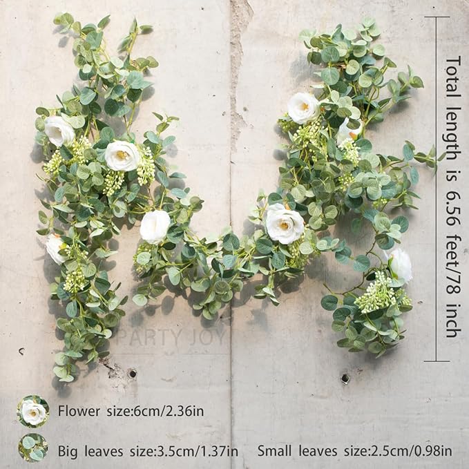 PARTY JOY 6.56ft Eucalyptus Garland with Flowers-8 White Roses, Artificial Fake Flowers Greenery Garland Floral Vines for Decoration Party Wedding Table Indoor Outdoor Backdrop Wall Decor(White)