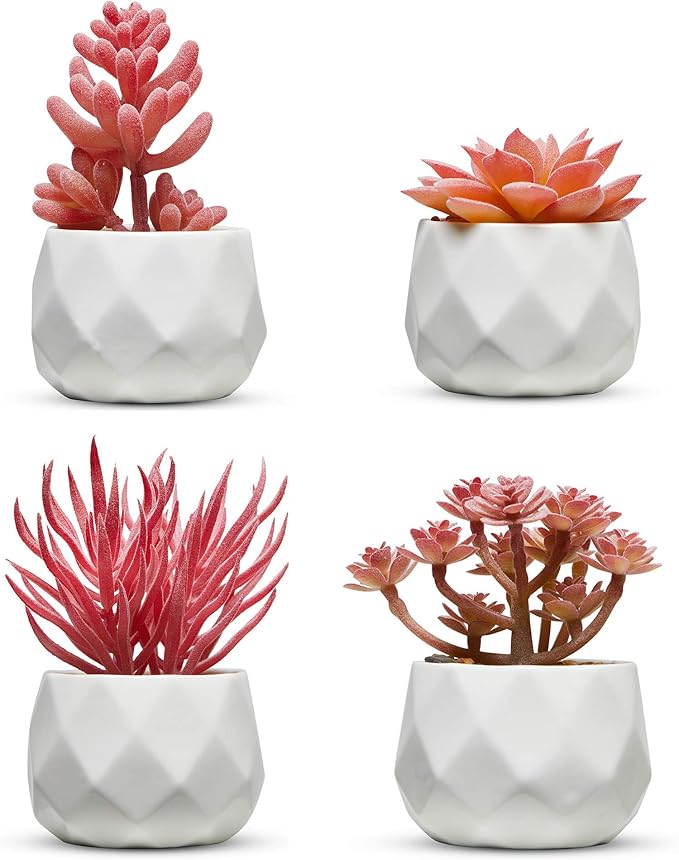 Nordik Set of 4 Desk Plants - Office Decor for Women Desk, Indoor, Living Room, Bedroom, Home and Desk Decor – Pink Faux Succulents in white Geometric Ceramic Planters