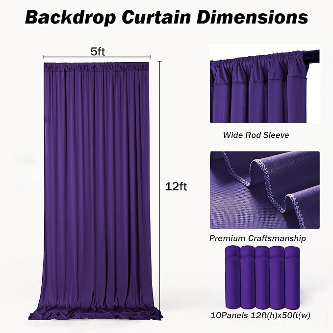 50ft×12ft Deep Purple Backdrop Curtains for Wedding Parties, 10 Panels Wrinkle Free Polyester Photo Backdrop Drapes Back Drop Cloth for Birthday Photography Background