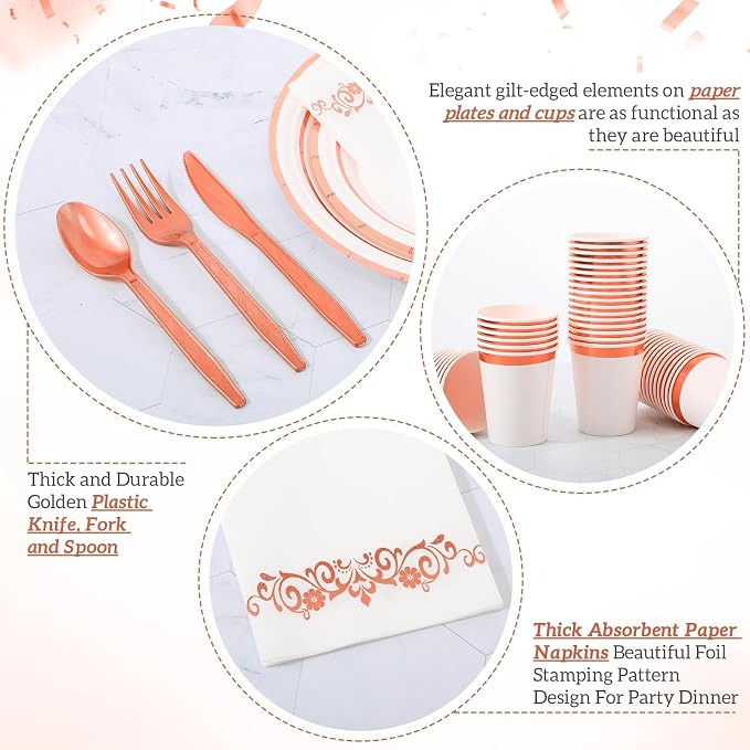 meekoo 350 Pcs Rose Gold Party Dinnerware Set Disposable Paper Plates for 50 Guests 9in and 7in Dinner Dessert Plates Napkins Gold Rim Plastic Cups Knives Forks Spoons for Party Wedding(Round)