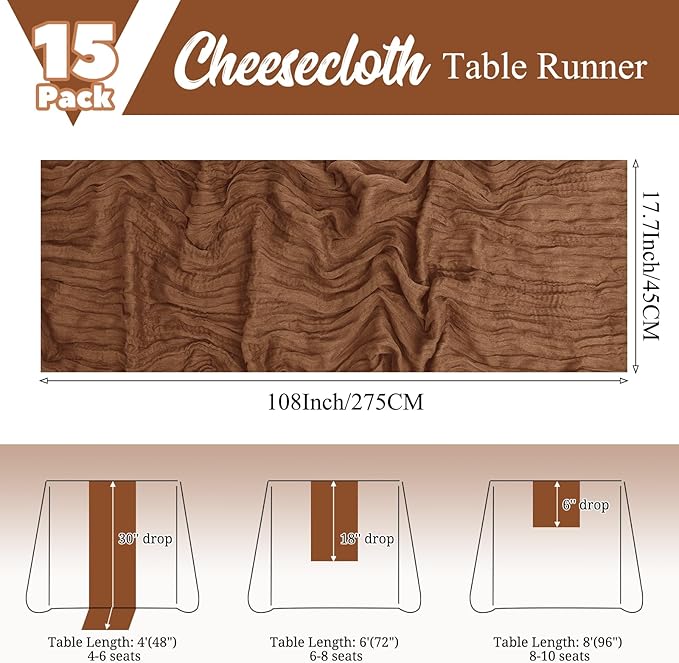 15 Pack Brown Table Runner 17 x 108inch Cheesecloth Table Runner Boho Gauze Table Runners Rustic Sheer Fabric Cheese Cloth Table Runners for Wedding Party Bridal Shower Farmhouse Thanksgiving Decor