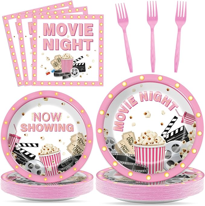 96Pcs Movie Night Party Supplies Pink Movie Birthday Plates and Napkins Theater Pop Corn Tableware Disposable Dessert Dinnerware for Girls Film Festival Birthday Party for 24 Guests