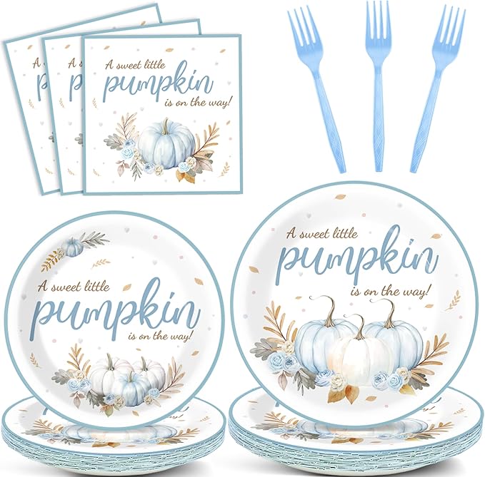 96Pcs Little Pumpkin Baby Shower Party Plates and Napkins, Fall Autumn Pumpkin Party Decorations for Boys Autumn Dessert Plates, Blue Thanksgiving Tableware Decor, Serves 24