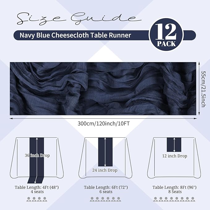 12 Pack Navy Blue Cheesecloth Table Runner 120 inch Fall Thanksgiving Boho Rustic Gauze Farmhouse 10FT Cheese Cloth Runner for Baby Shower Wedding Party Holiday Home Decor