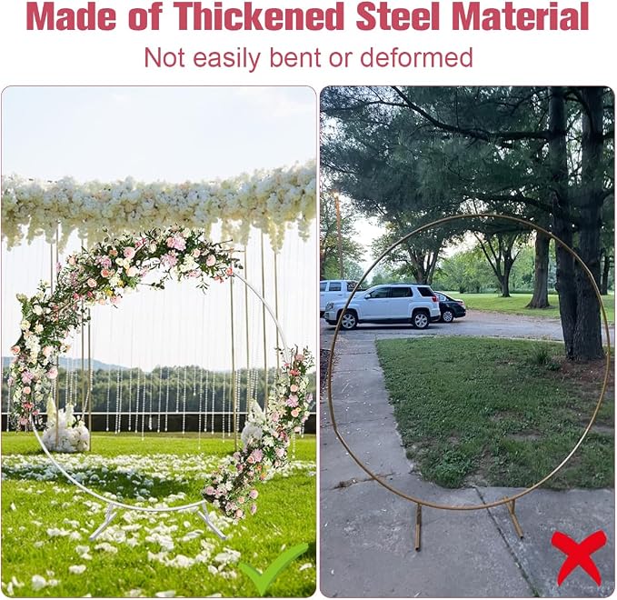 7 Ft Round Wedding Arch Stand with Metal Base for Flower Balloon Decoration, Circle Backdrop Stand Frame for Ceremony, Birthday Party, Baby Shower, White