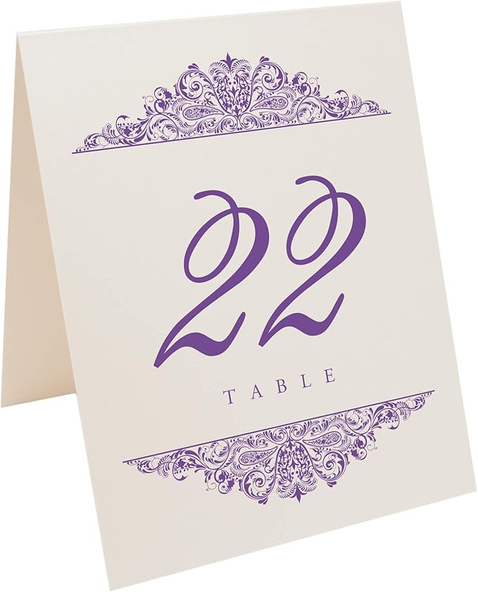 Paisley Wedding Table Numbers (Select Color/Quantity), Champagne, Purple, 1-40, Double Sided, Tent or Use in a Stand, Great for Parties & Restaurants - Made in the USA
