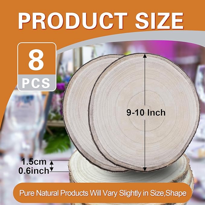 Wood Slices for Centerpieces,Large Wood Slices 8 Pcs 9-10 Inches Natural Paulownia Wood Rounds Natural Wood Slices,Wood Slabs for Weddings Centerpieces Decor and DIY Painting Crafts (9-10 inch 8 Pcs)