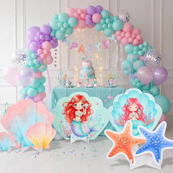 Honoson 4 Pcs Large 30" Small Mermaid Princess Birthday Cardboard Cutouts Standup, Ocean Shell Starfish Photo Backdrop Props for Princess Theme Mermaid Party Decorations