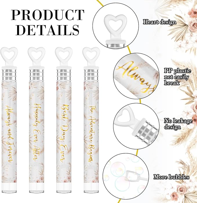 Hollowfly 120 Pack Bohemia Wedding Mini Bubble Wands for a Wedding Bulk White Gold Heart Bubble for Guests Send Off Wand Adults Bridal Exit Shower Party Supplies Valentine Anniversaries Celebration