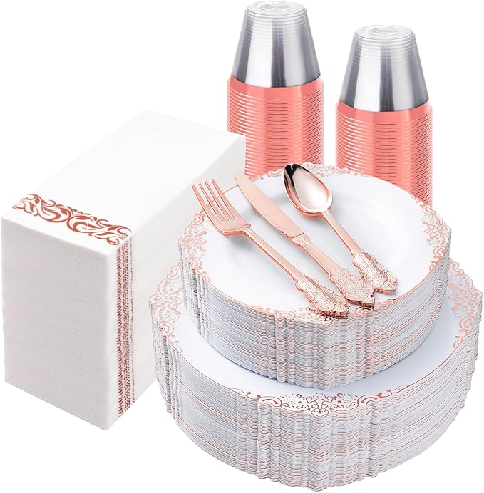 Bestluck 350PCS Rose Gold Plastic Plates for 50 Guests, Disposable Dinnerware Set Includes 100 Disposable Plates, 150 Rose Silverware, 50 Cups, 50 Napkins for Party, Wedding
